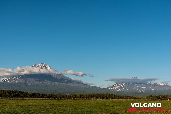View to Koryaksky (l) and Avachinsky volcano (r) from the field next to our base in Elizovo. (Photo: Tom Pfeiffer)