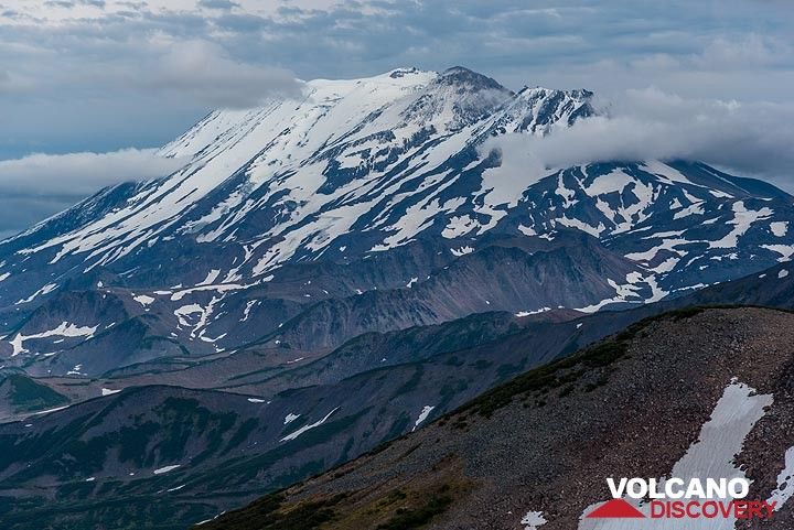 Zupanovsky volcano is one of the Eastern Range's principal volcanoes; it has an elongated summit with 3 main vents. (Photo: Tom Pfeiffer)