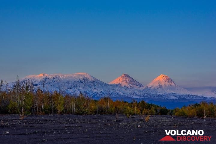 Sunset panorama with Ushkovsky, Klyuchevskoy, Kamen, and Bezymianny volcanoes (Photo: Tom Pfeiffer)
