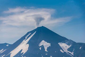 Zoom towards the summit of 1816 m tall Chikurachki with its steam-/gas- plume. (Photo: Tom Pfeiffer)
