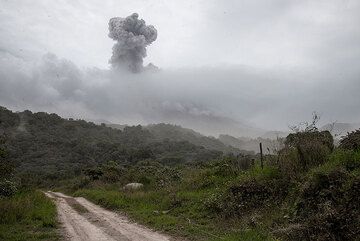 Explosion at Colima, seen from La Yerbabuena in the evacuated zone west of the volcano. (Photo: Tom Pfeiffer)