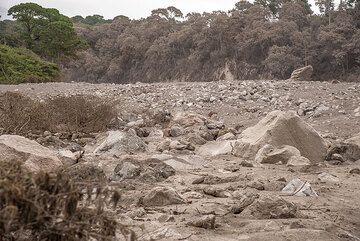 Boulders of meter size, once part of the lava dome on top of the volcano 10 km away, have been transported by the flow. (Photo: Tom Pfeiffer)