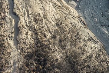 Vertical view onto a zone at the foot of the volcano devastated by pyroclastic flows (unrooted and stripped trees, white ash deposits etc). (Photo: Tom Pfeiffer)