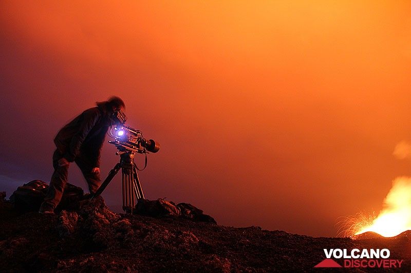 Documentary maker in action – note the long exposure flying lava blobs from the western crater. There was so much light, no need for flashlight. (Photo: Paul Hloben)