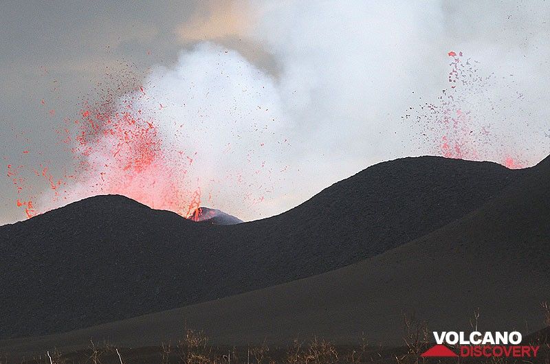 Western and middle crater of Nyamuragira volcano in eruption. (Photo: Paul Hloben)