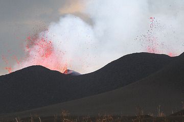 Western and middle crater of Nyamuragira volcano in eruption. (Photo: Paul Hloben)