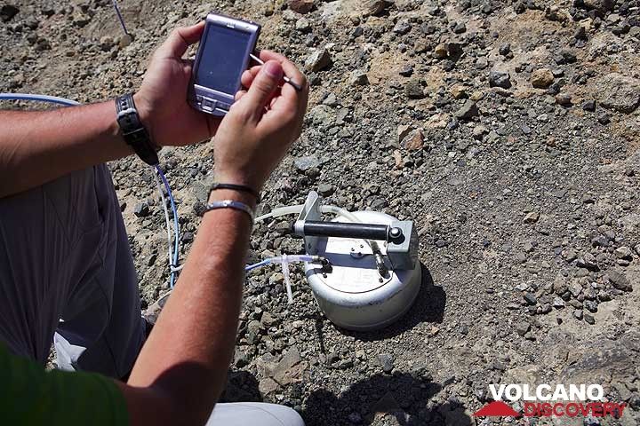 Italian volcanologists measure diffuse CO2 emission from the ground. (Photo: Tom Pfeiffer)