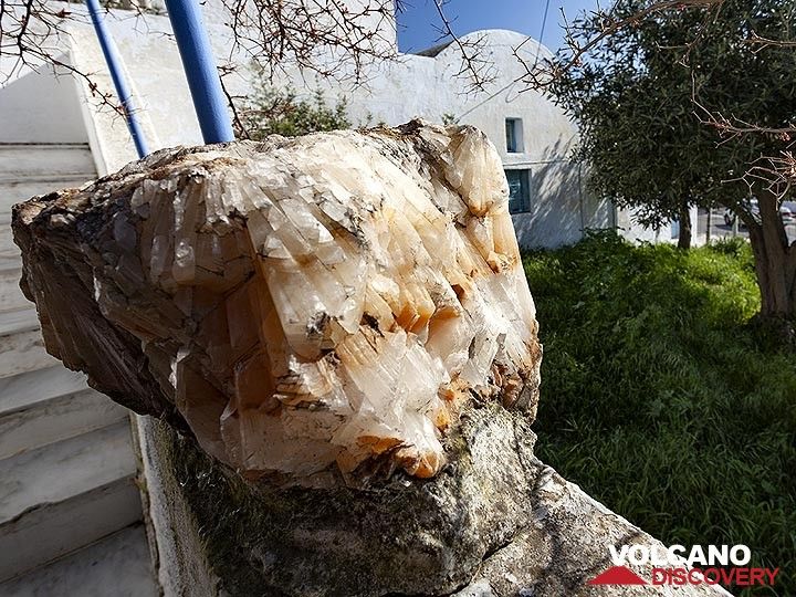 Calcite crystals from a quarry near Perisa. It is now on the wall next to the supermarket at the Pyrgos central square. (Photo: Tobias Schorr)