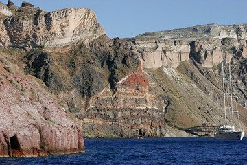 The caldera cliff near Fira. THick bright pumice deposits dominate the upper cliffs where large pumice quarries were located. (Photo: Tom Pfeiffer)