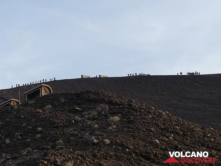 Stromboli's summit area consists of a half circle rim or amphitheater, the remnants of older calderas, from where the activity of the active vents on the present day crater terrace can be observed. With beautiful weather like today, there are many groups who make the hike to the summit! (Photo: Ingrid Smet)