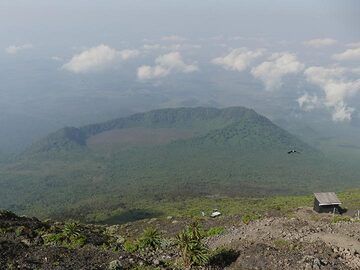 Day 4 - View from Nyiragongo´s summit down to Shaheru crater - and the camp toilets in the centre right (Photo: Ingrid Smet)