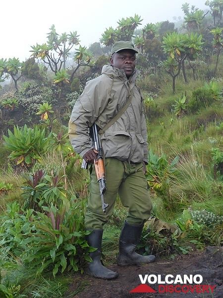 Jour 6 - Un des rangers du parc national des Virunga qui accompagne le groupe lors de la descente quotidienne depuis le sommet du volcan (Photo: Ingrid Smet)