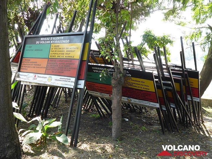 Tag 6 – Am Goma Volcano Observatory werden Tafeln zur Vulkanwarnung gestapelt, bis sie rund um die Stadt Goma und die umliegenden Dörfer angebracht werden (der grüne Status ist daher nie möglich, da zwei aktive Vulkane so nahe beieinander liegen). (Photo: Ingrid Smet)
