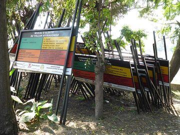 Day 6 - Volcano alert level plates stacked at Goma Volcano Observatory until they will be placed around the town of Goma and surrounding villages (the green status is thereby never possible with two active volcanoes so near) (Photo: Ingrid Smet)