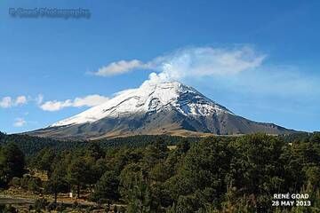 Popocatepetl is one of Mexico's most active volcanoes and also part of an Aztec legend, a warrior who fell in love with a young woman (Iztaccihuatl) who died while he was away in battle. He is said to be still mourning for her.

Popocatepetl is located more or less 40 miles southeast of Mexico City. (c)