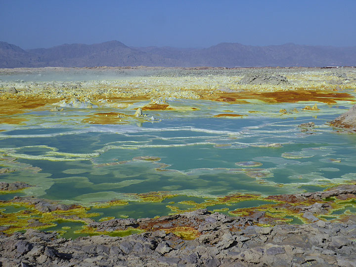 Seit der aktiveren Periode im Jahr 2010, als es in Dallol auch Teiche mit grüner Säure gab, wurde das Gebiet langsam kleiner und die meisten Teiche mit grüner Säure verschwanden. Dies hing wahrscheinlich mit den ungewöhnlichen vier Jahren ohne direkten Regen in der Gegend zusammen. Die dringend benötigten Regenschauer Ende 2015/Anfang 2016 brachten die grünen Säureteiche zurück und seitdem sind die farbenfrohen aktiven Dallol-Hydrothermalfelder erheblich gewachsen. (Photo: Hans and Jooske)