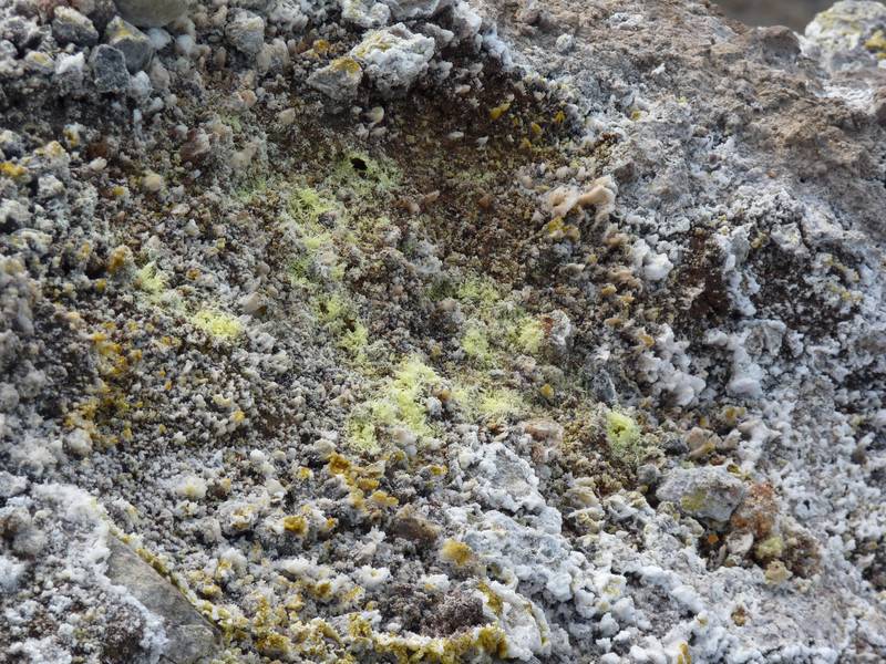 Yellow sulphur crystals from fumaroles in the Nea Kameini active vent, Santorini, October 2010 (Photo: Ingrid)