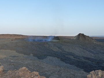 DAYS 5-6-7: Erta Ale - View from the camp site towards the lava lake - the darker coloured flows running down to the right corner of the image are the 2010 overflows. (Photo: Ingrid)