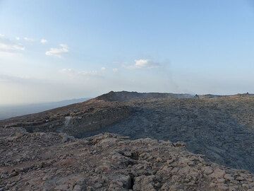 DAYS 5-6-7: Erta Ale - View from the camp site towards the second active vent with the 2012 hornito. (Photo: Ingrid)