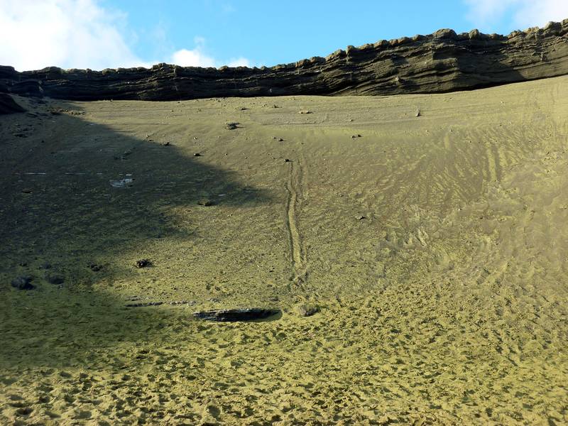 Der Papakōlea-Strand ist von einem alten Schlackenkegel umgeben, der eingestürzt und erodiert ist. Durch den hohen Olivingehalt schimmert der Sand grünlich. Big Island, Hawaii (Photo: Janka)