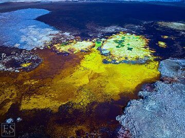 Aerial view of part of the colourful Dallol hydrothermal mineralisations, hot springs and salt deposits (c)