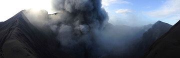 Panorama view over the crater of Dukono volcano (Halmahera, Indonesia) with ash emissions (Photo: Gian Schachenmann)