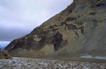 Looking north from inside the crater of Mutnovsky volcano (2322 m), Kamchatka: the Mutnaya river erodes the N flank of the crater exposing old strata of ash and pyroclasts. (Photo: marcofulle)