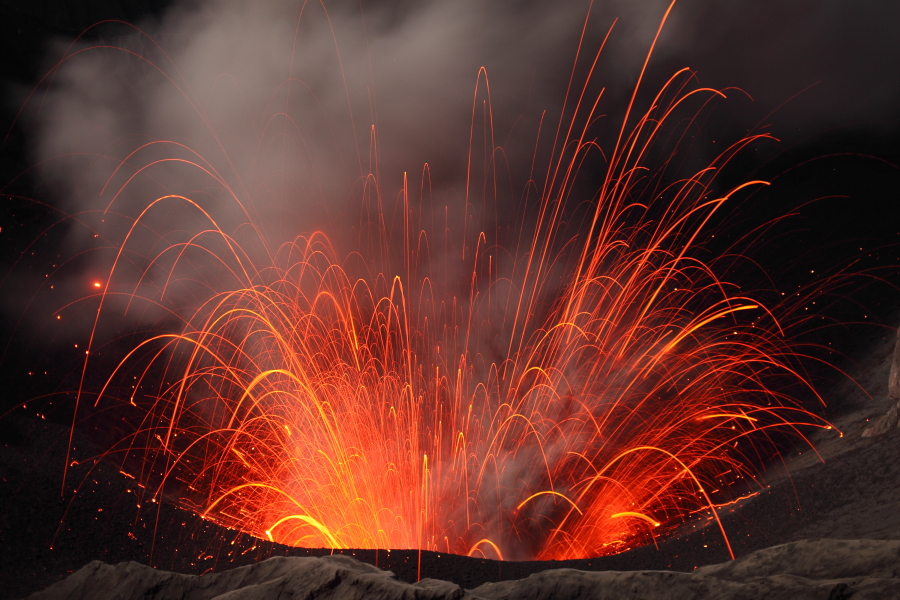 Close-up of strombolian explosion inside Bromo's crater (East Java, Indonesia) in March 2011 (Photo: Richard Roscoe)