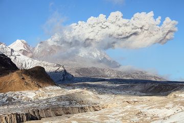 Daytime ash eruption of SHiveluch volcano, Kamchata. The Baidarnaya valley extends to bottom left of image. (Photo: Richard Roscoe)