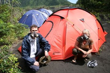 Testing the gas masks at the campsite in the Ambrym caldera (Photo: Yashmin Chebli)