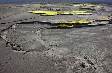 Curved small erosion shapes and isolated flat plates of ash consolidated by moss are a typical morphological surface feature of the ash plain. (Photo: Tom Pfeiffer)