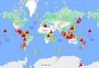 Un mapa interactivo de los últimos terremotos y volcanes activos del mundo