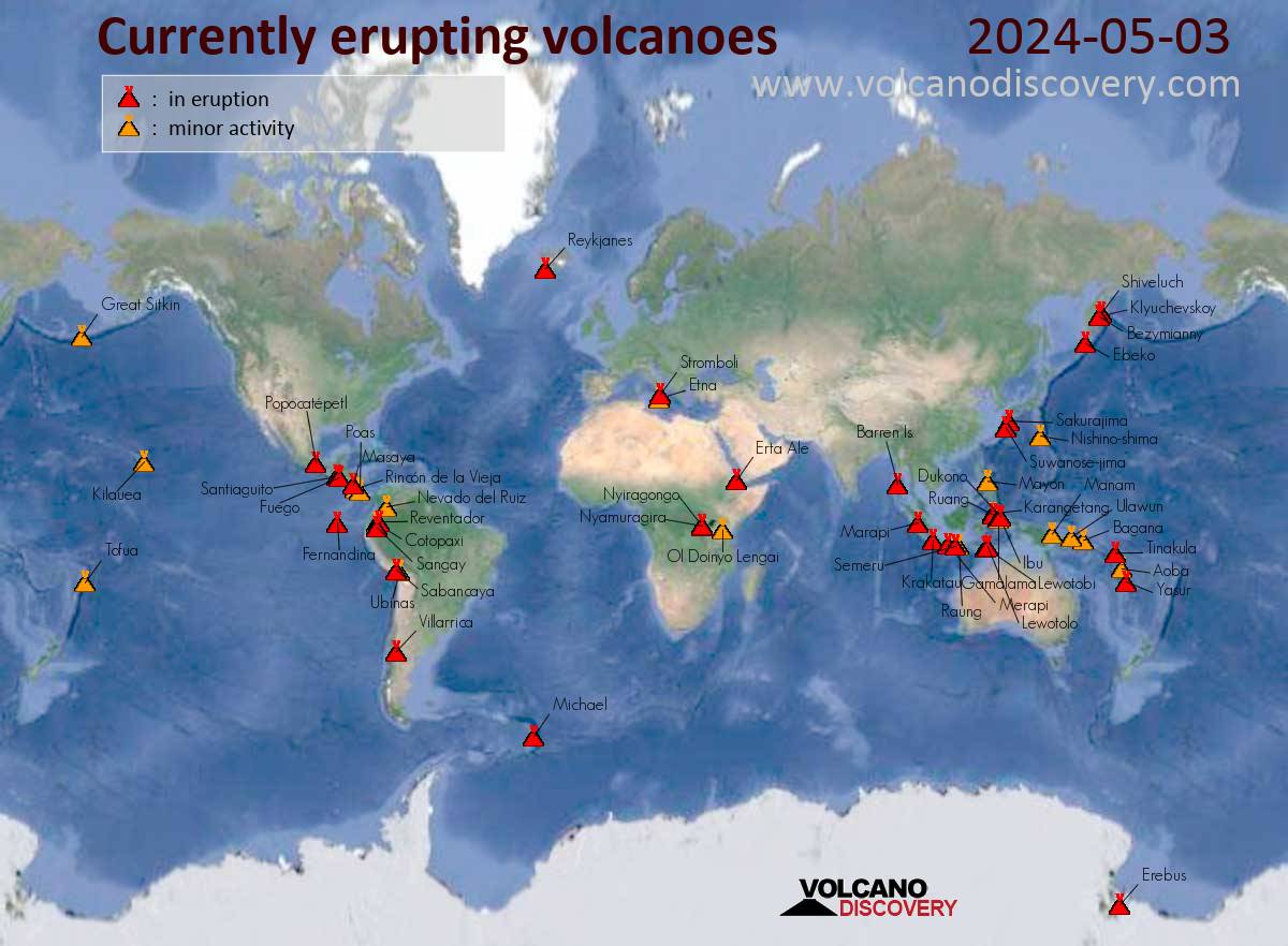 Currently active volcanoes in the world (in eruption: red; minor activity or eruption warning: orange)