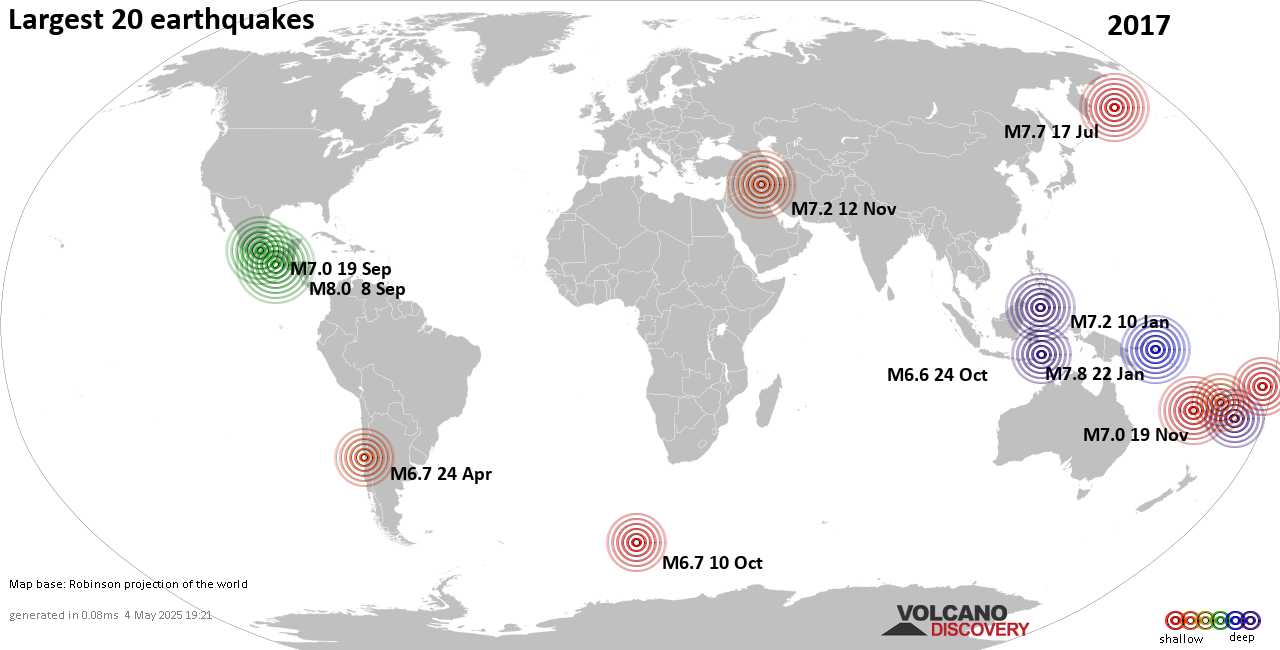 List, maps and statistics of the 20 largest earthquakes in 2017