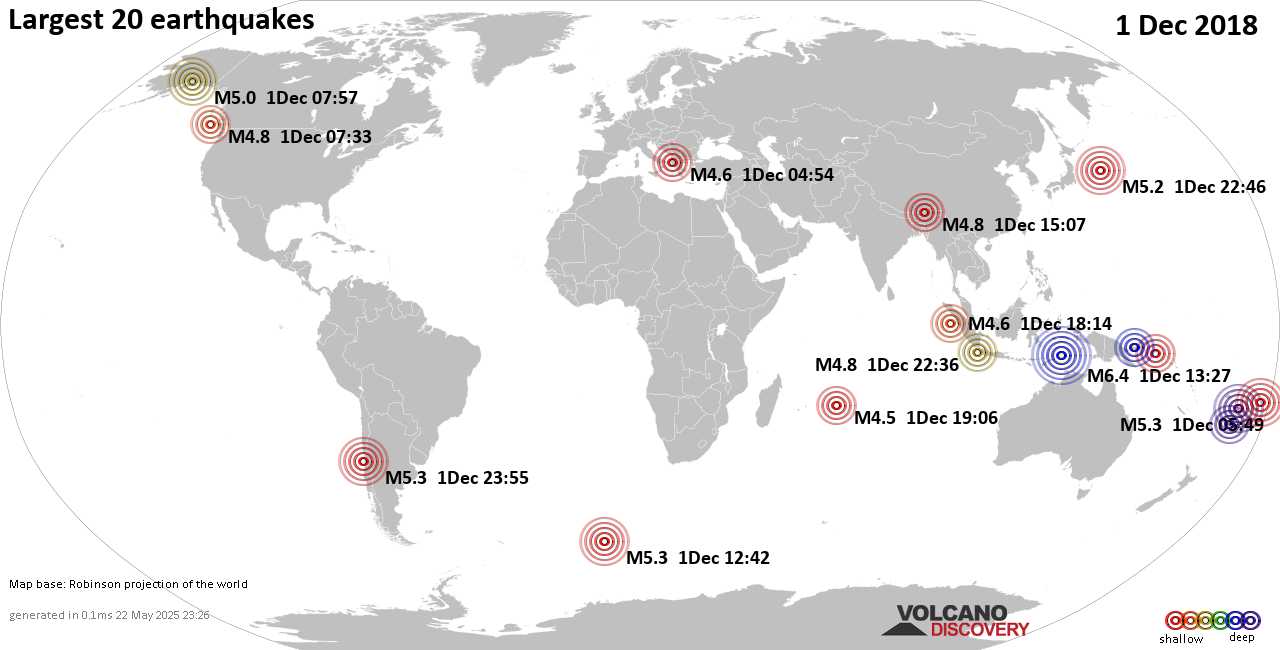 List, maps and statistics of the 20 largest earthquakes on Saturday, 1 Dec 2018