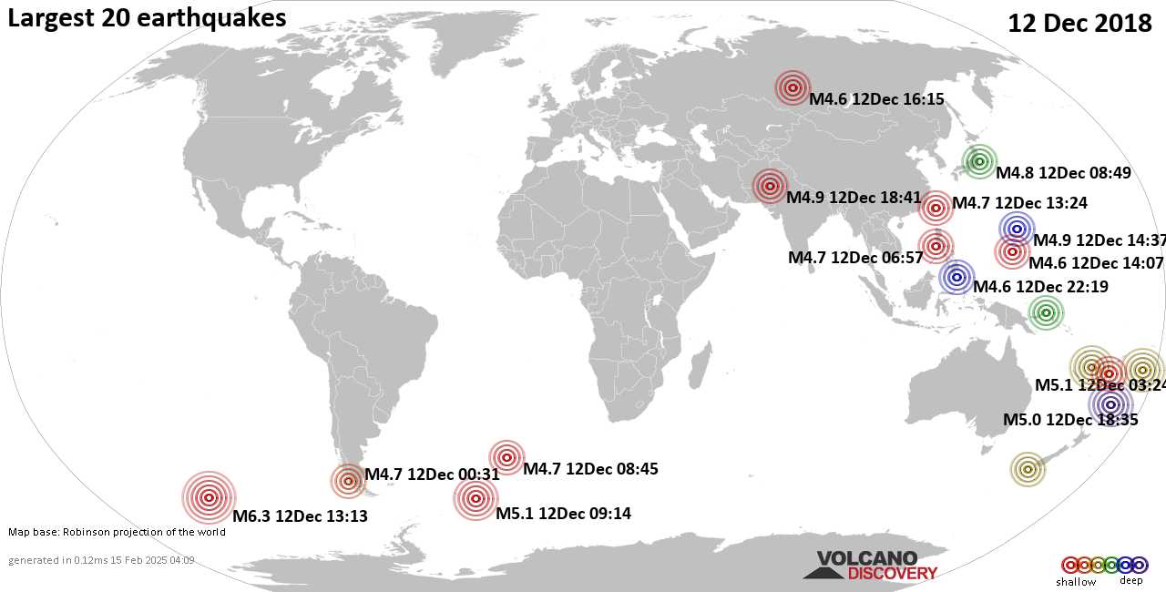 List, maps and statistics of the 20 largest earthquakes on Wednesday, 12 Dec 2018
