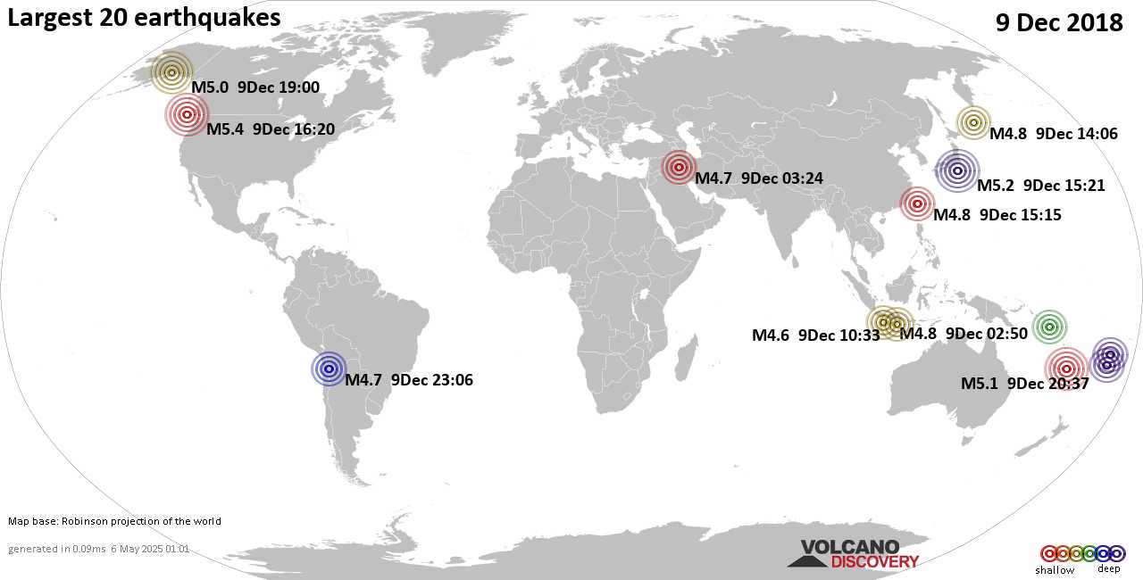 List, maps and statistics of the 20 largest earthquakes on Sunday, 9 Dec 2018