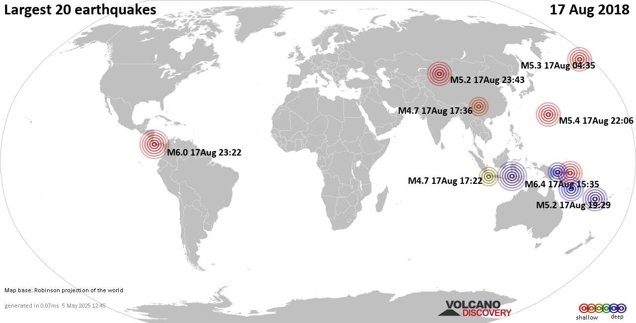 List, maps and statistics of the 20 largest earthquakes on Friday, 17 Aug 2018