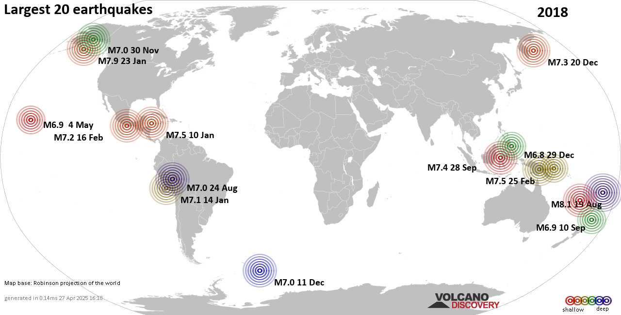 List, maps and statistics of the 20 largest earthquakes in 2018