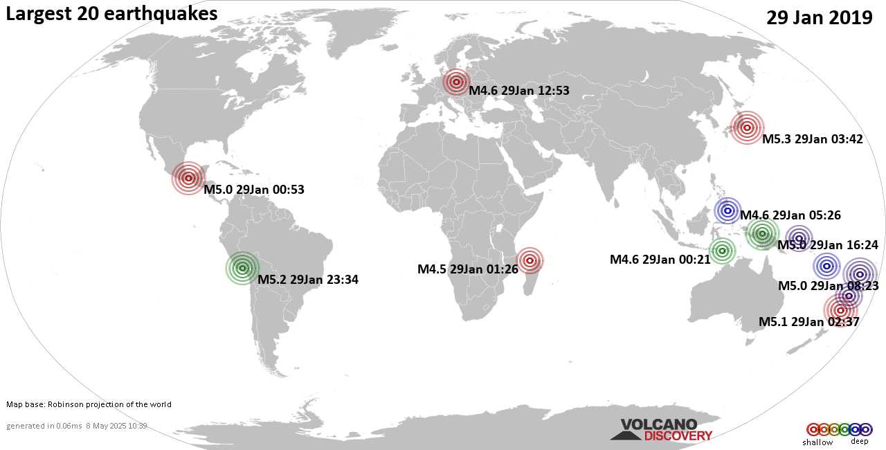 List, maps and statistics of the 20 largest earthquakes on Tuesday, 29 Jan 2019
