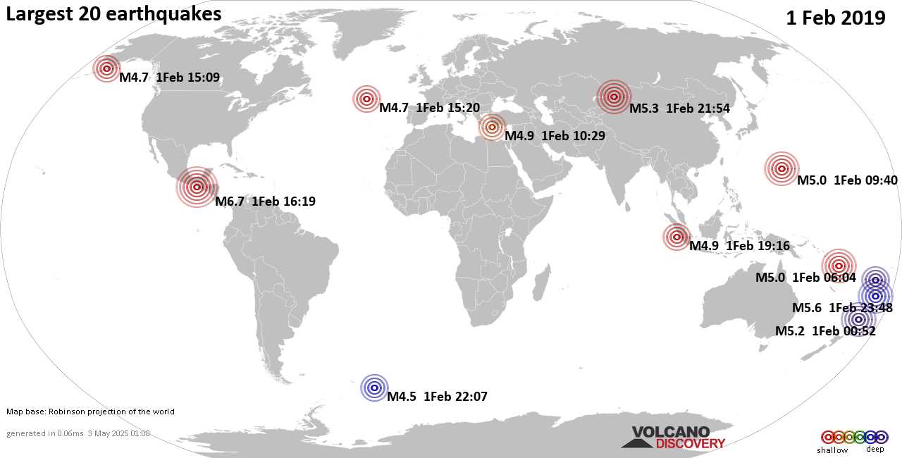 List, maps and statistics of the 20 largest earthquakes on Friday, 1 Feb 2019