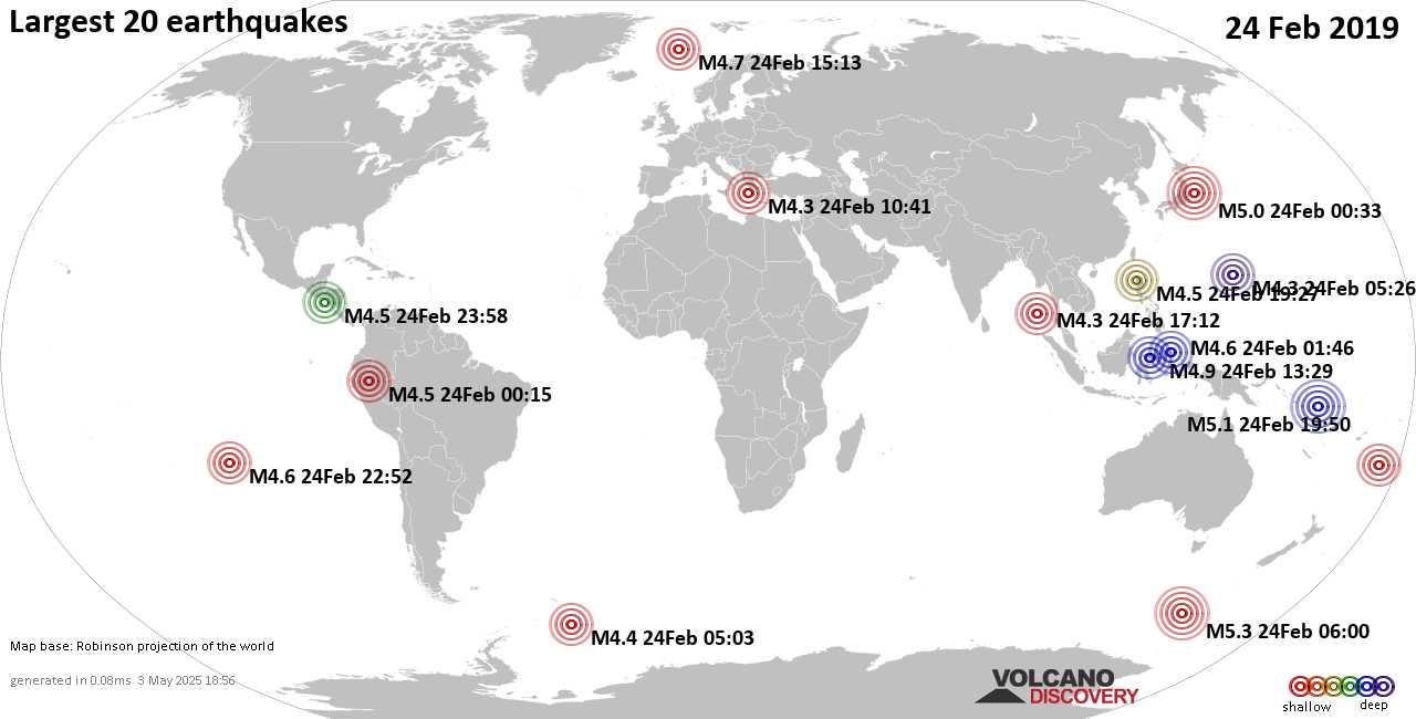List, maps and statistics of the 20 largest earthquakes on Sunday, 24 Feb 2019
