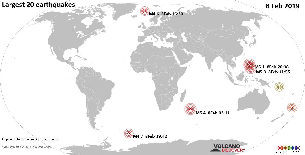 List, maps and statistics of the 20 largest earthquakes on Friday, 8 Feb 2019
