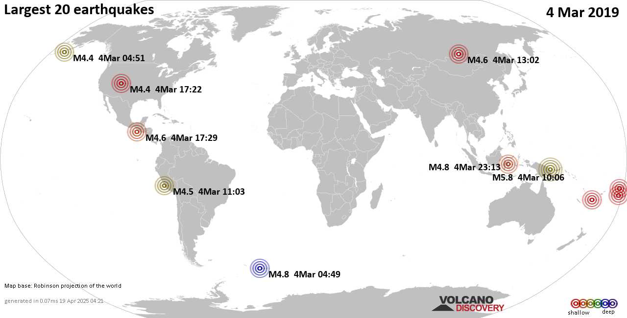 List, maps and statistics of the 20 largest earthquakes on Monday, 4 Mar 2019