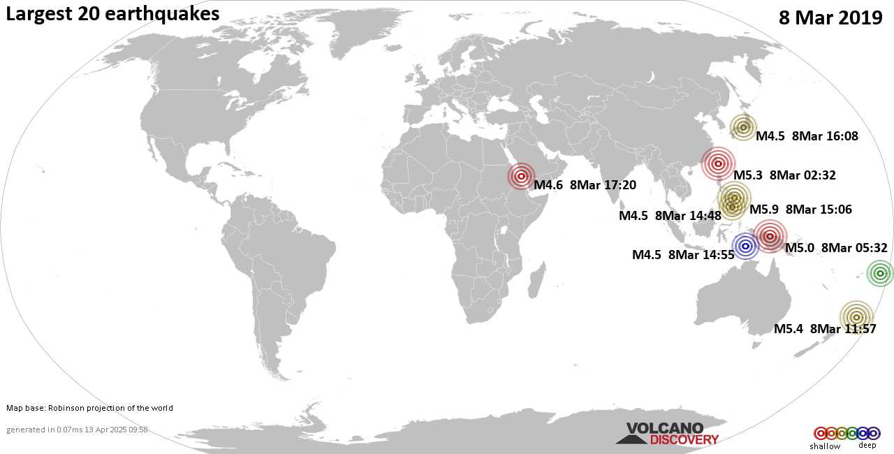 List, maps and statistics of the 20 largest earthquakes on Friday, 8 Mar 2019