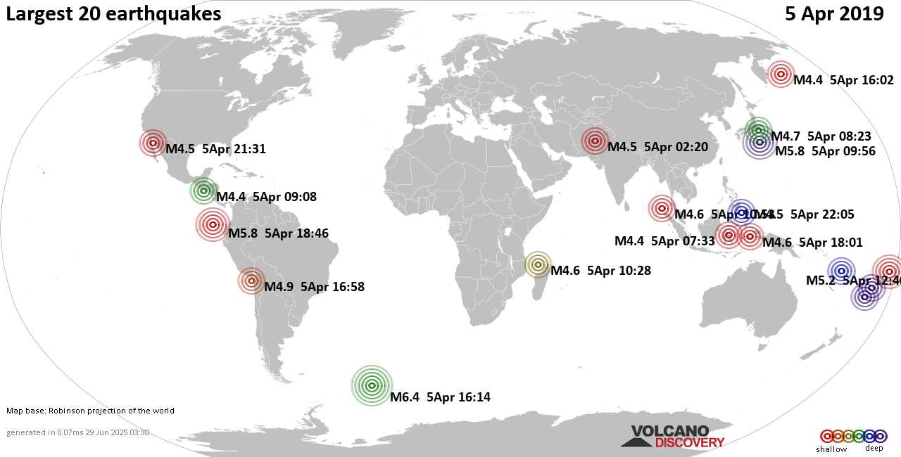 List, maps and statistics of the 20 largest earthquakes on Friday, 5 Apr 2019