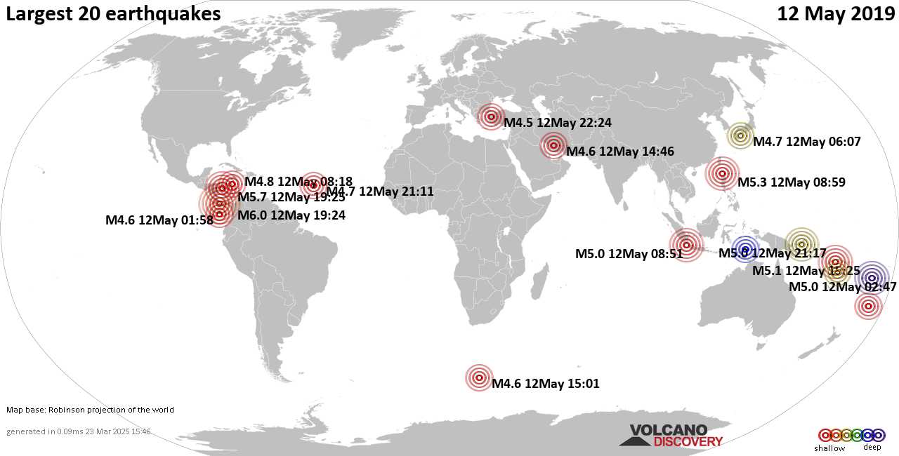 List, maps and statistics of the 20 largest earthquakes on Sunday, 12 May 2019