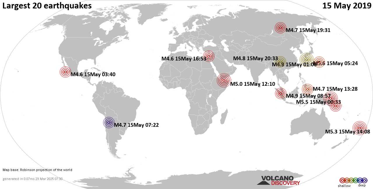 List, maps and statistics of the 20 largest earthquakes on Wednesday, 15 May 2019