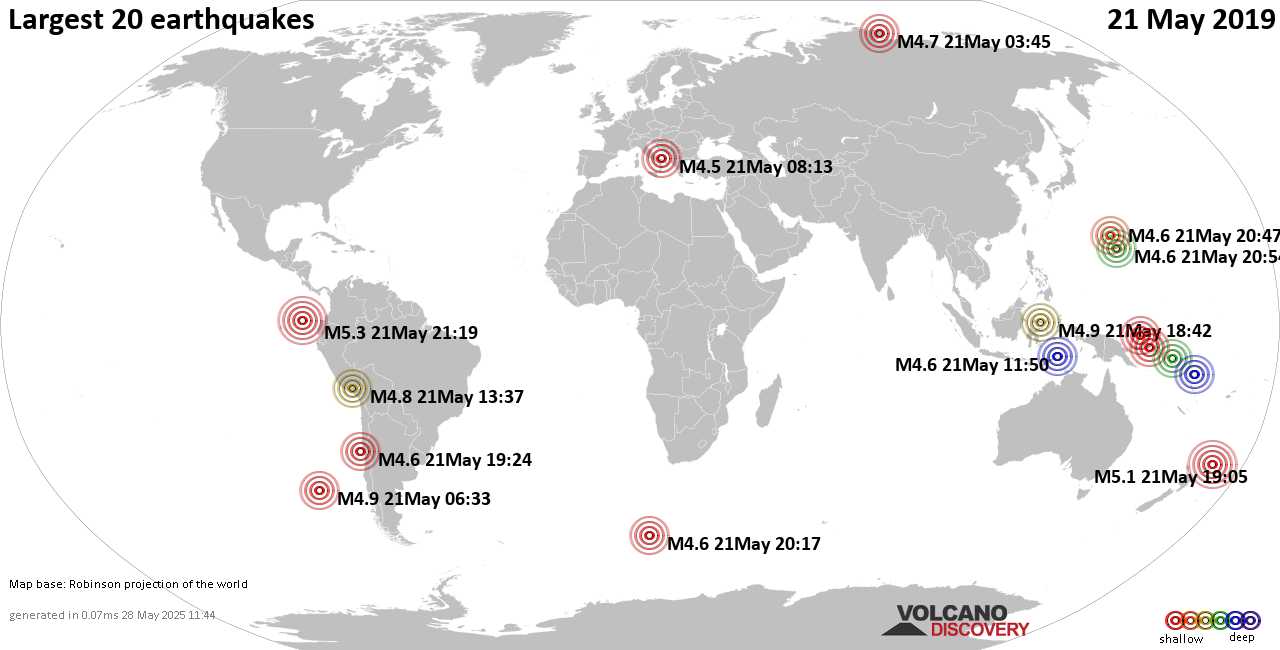 List, maps and statistics of the 20 largest earthquakes on Tuesday, 21 May 2019