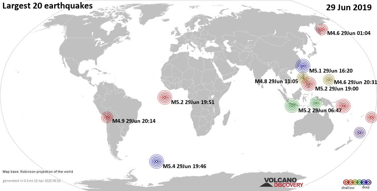 List, maps and statistics of the 20 largest earthquakes on Saturday, 29 Jun 2019